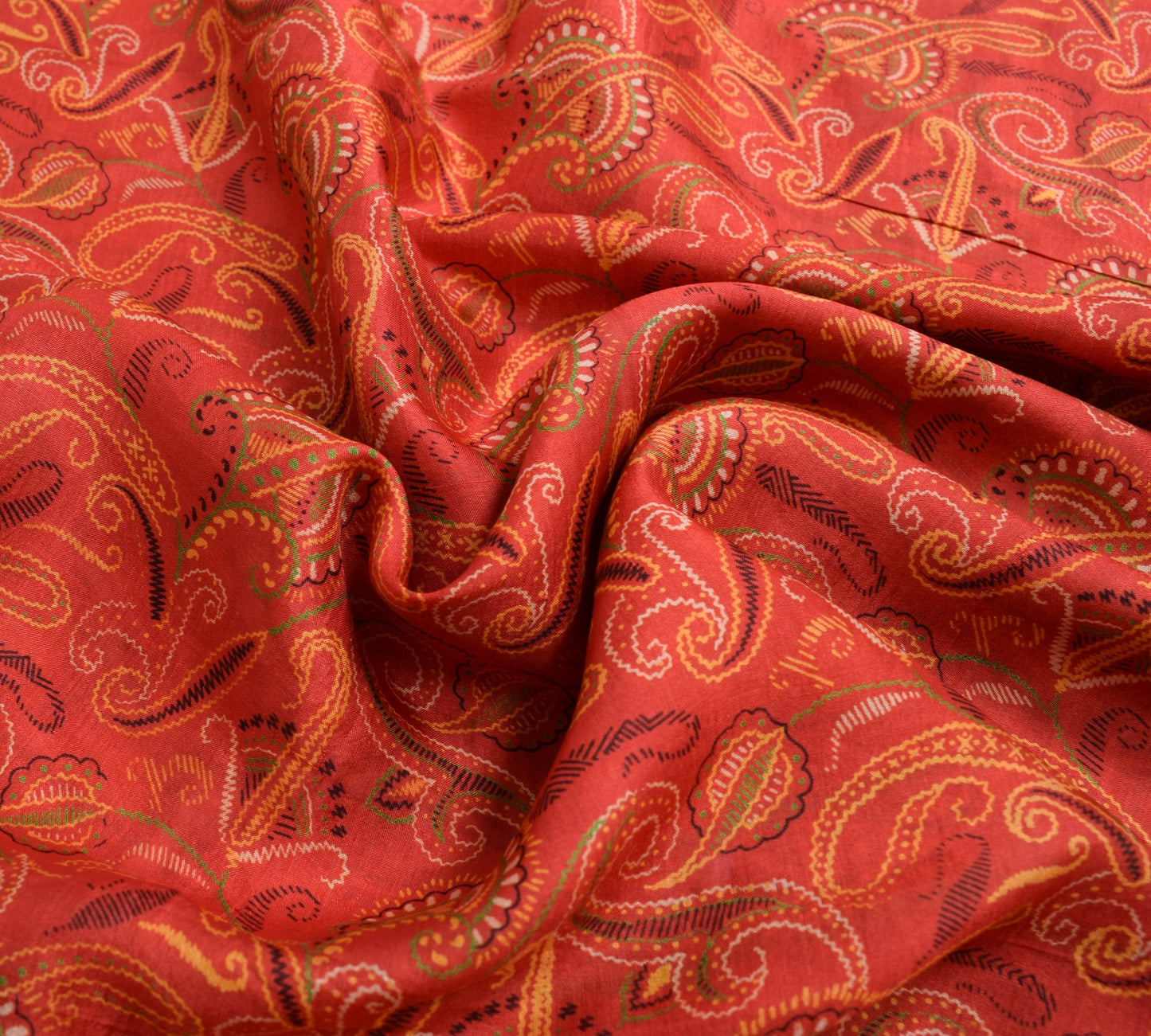 Sushila Vintage Dark Orange Saree Pure Silk Printed Paisley Soft Craft Fabric