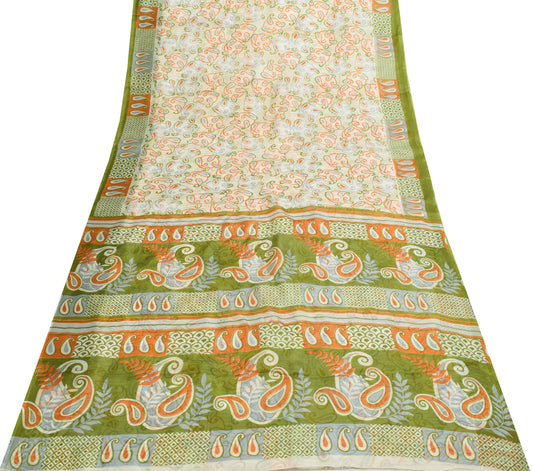 Sushila Vintage Off White Saree 100% Pure Silk Printed Paisley 5 YD Craft Fabric