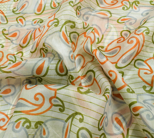 Sushila Vintage Off White Saree 100% Pure Silk Printed Paisley 5 YD Craft Fabric