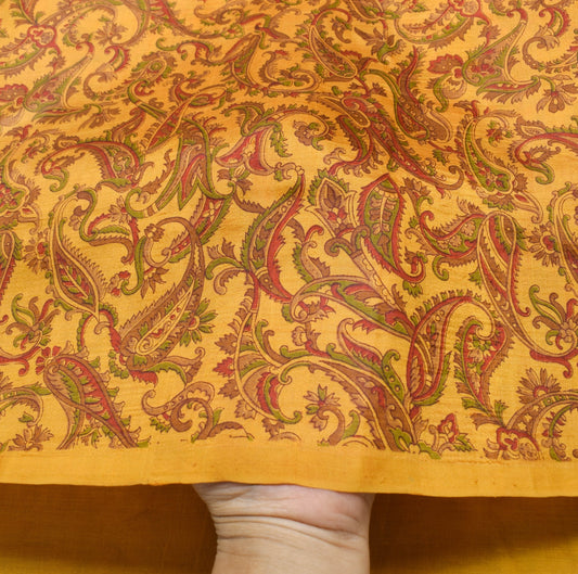 Sushila Vintage Mustard Saree 100% Pure Silk Paisley Printed Soft Craft Fabric
