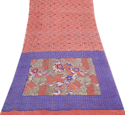 Sushila Vintage Peach Saree 100% Pure Silk Geometrical Printed Soft Craft Fabric