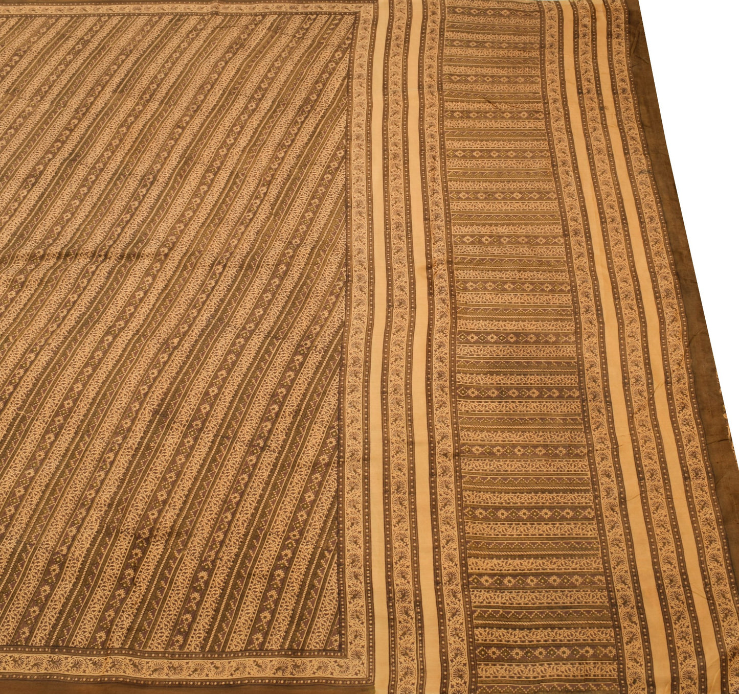 Sushila Vintage Brown Saree 100% Pure Silk Hand Block Printed Soft Craft Fabric