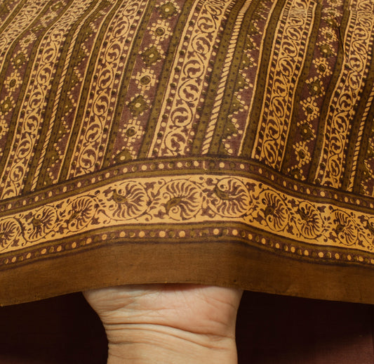 Sushila Vintage Brown Saree 100% Pure Silk Hand Block Printed Soft Craft Fabric