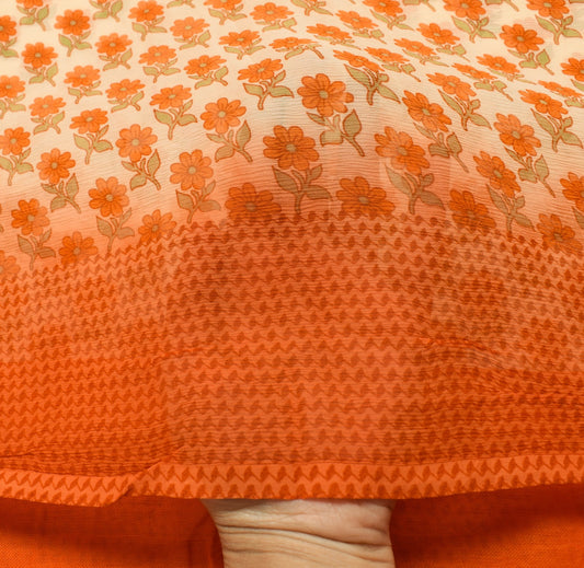 Sushila Vintage Saree Pure Chiffon Silk Printed Soft Craft Cream Floral Fabric