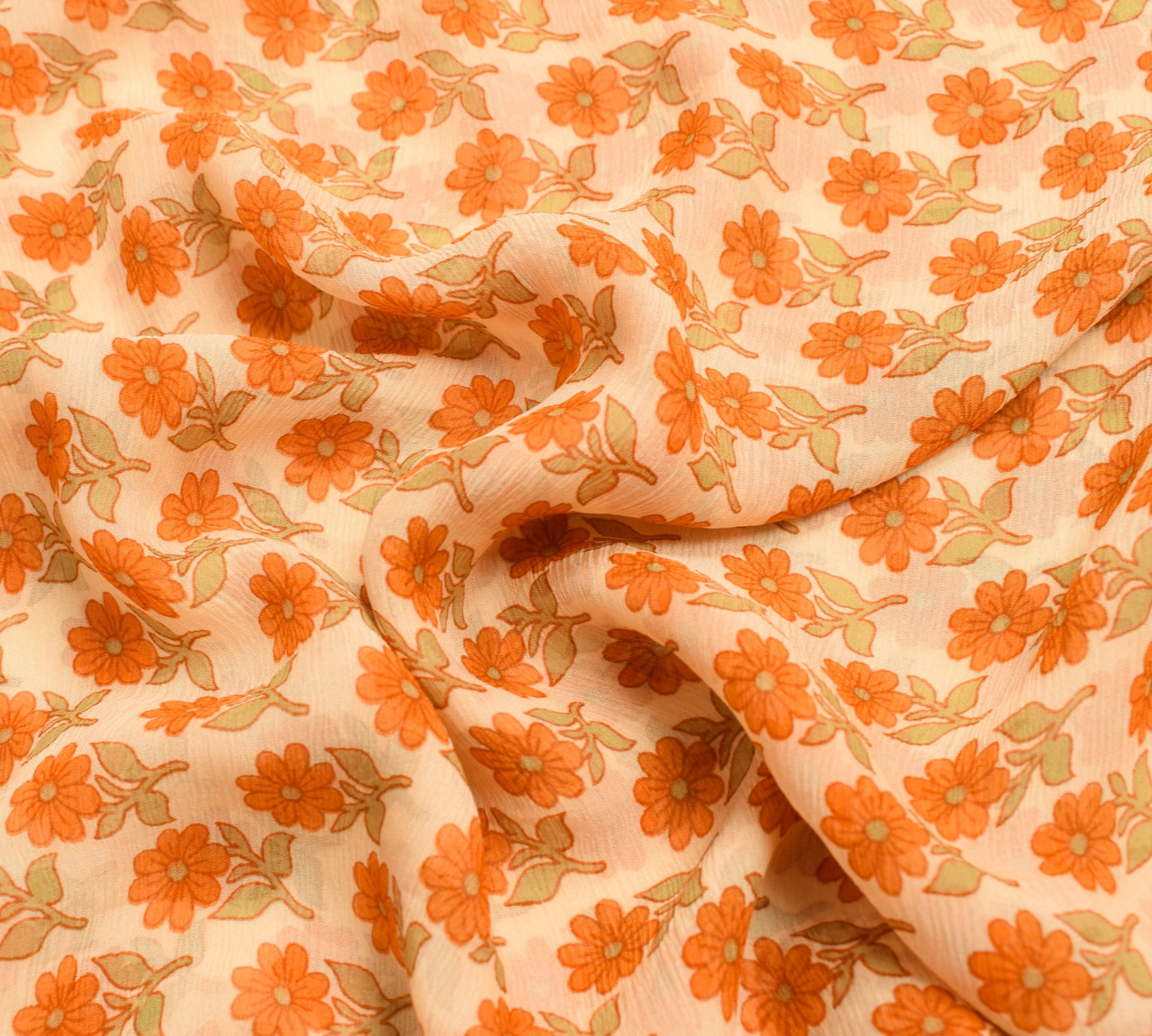 Sushila Vintage Saree Pure Chiffon Silk Printed Soft Craft Cream Floral Fabric