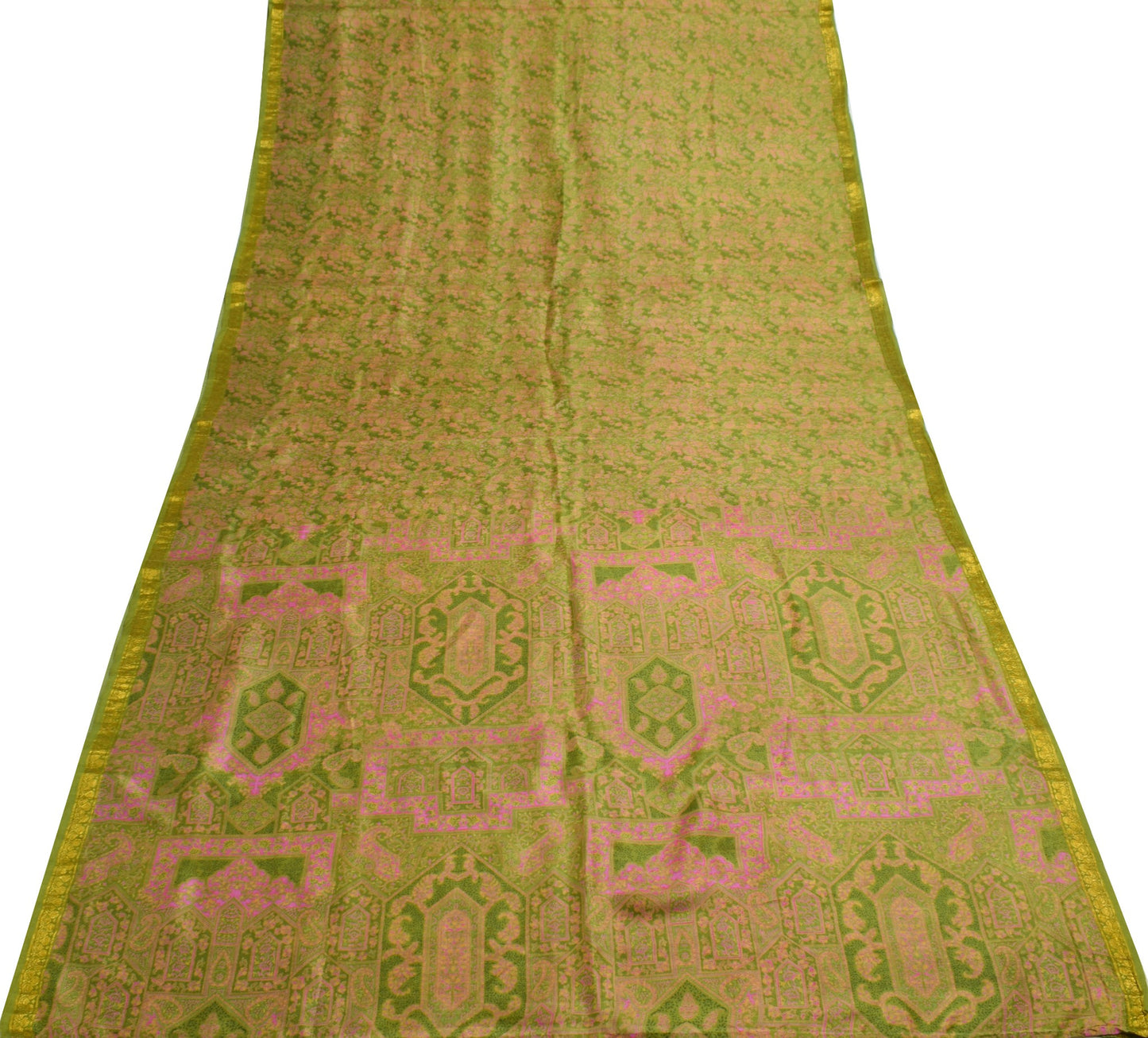 Sushila Vintage Saree 100%Pure Silk Printed Soft Craft Green Floral Dress Fabric