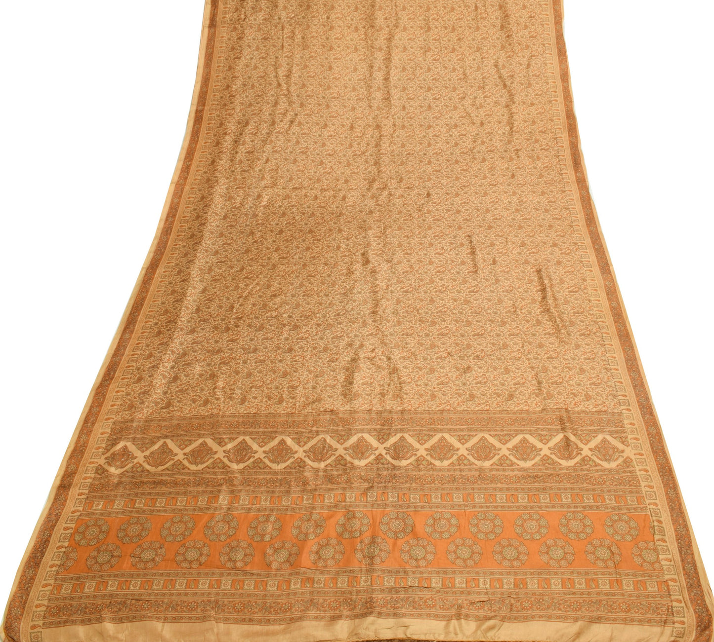 Sushila Vintage Saree 100% Pure Silk Printed Soft Craft Light Brown Dress Fabric