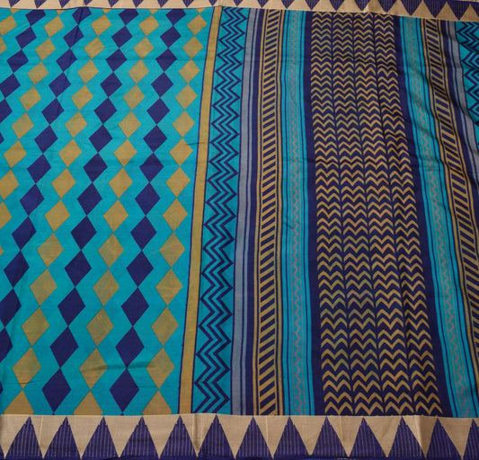 Sushila Vintage Turquoise Blue Saree Pure Silk Geometrical Printed Craft Fabric