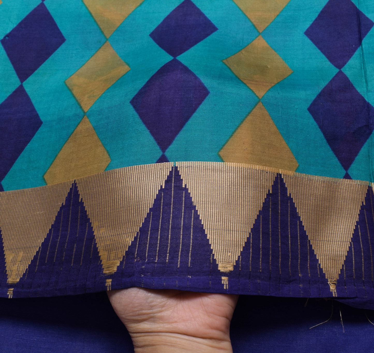 Sushila Vintage Turquoise Blue Saree Pure Silk Geometrical Printed Craft Fabric
