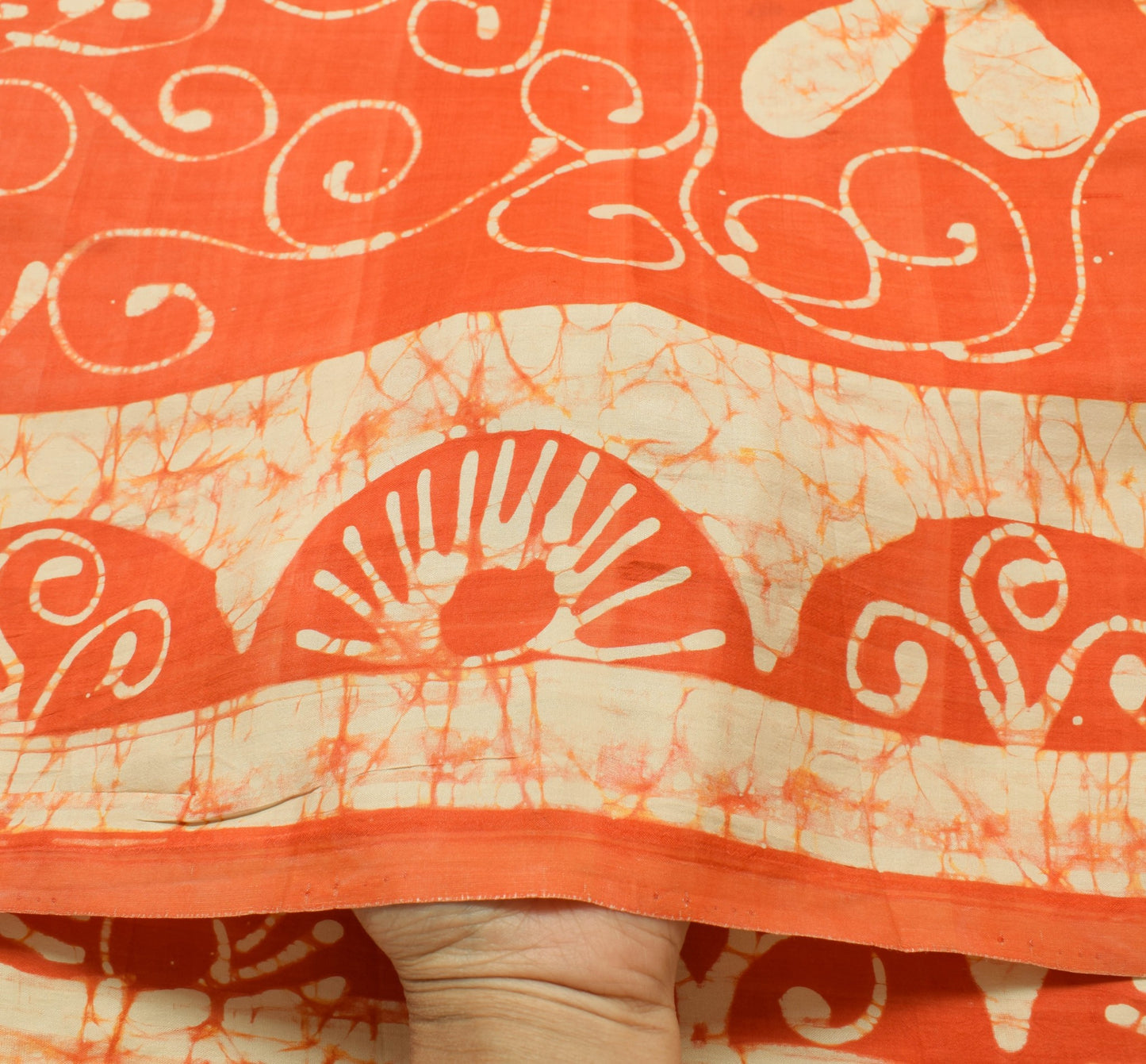 Sushila Vintage Orange Saree Pure Silk Floral Batik Printed Soft Craft Fabric