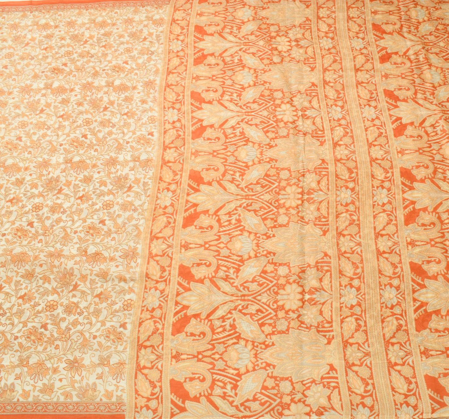 Sushila Vintage Cream Floral Women Saree 100% Pure Silk Printed 5YD Craft Fabric