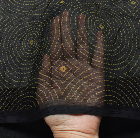 Sushila Vintage Black Saree 100% Pure Chiffon Silk Printed Soft Craft Fabric