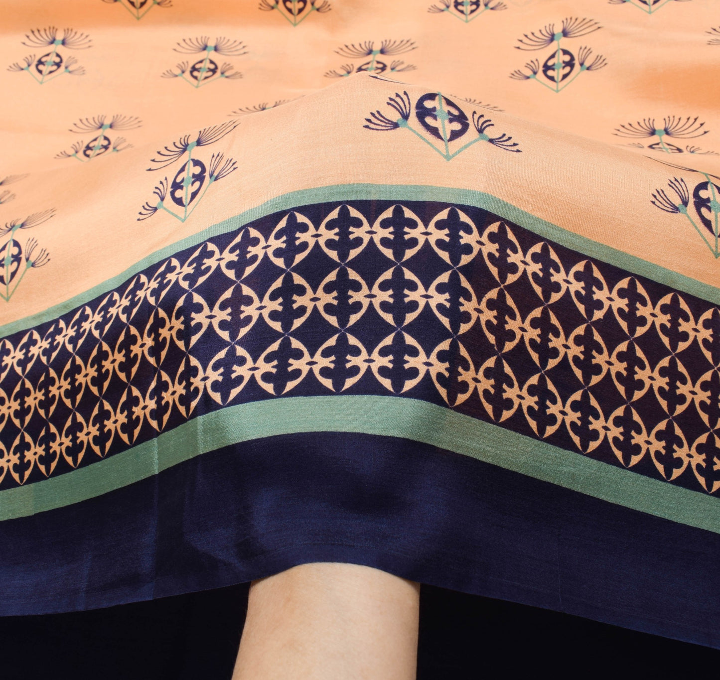 Sushila Vintage Peach Blue Saree 100%Pure Silk Printed Floral Soft Craft Fabric