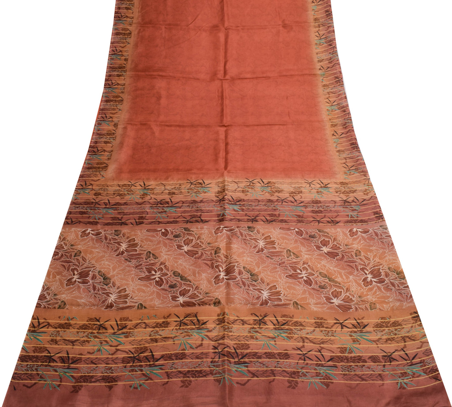 Sushila Vintage Dark Rust Floral Women Saree 100% Pure Silk Printed Craft Fabric