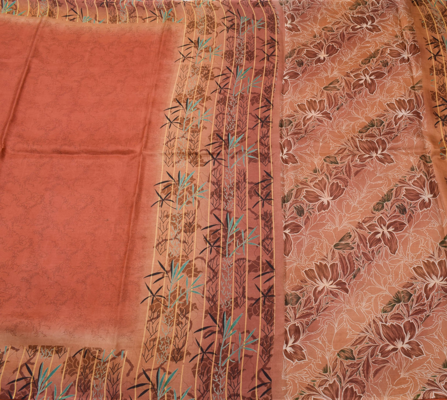 Sushila Vintage Dark Rust Floral Women Saree 100% Pure Silk Printed Craft Fabric