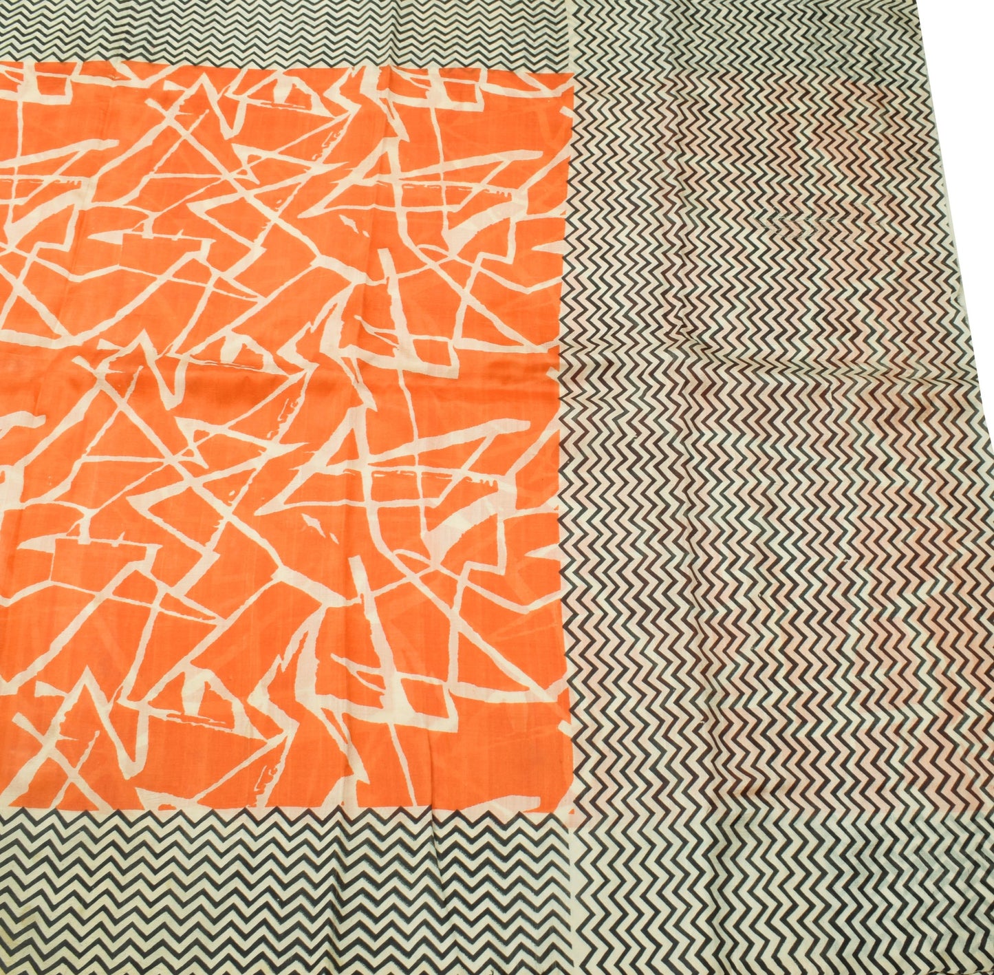 Sushila Vintage Orange Saree 100% Pure Silk Printed Abstract Dress Craft Fabric