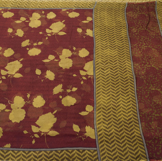 Sushila Vintage Saree Floral Maroon Pure Chiffon Silk Printed Soft Craft Fabric