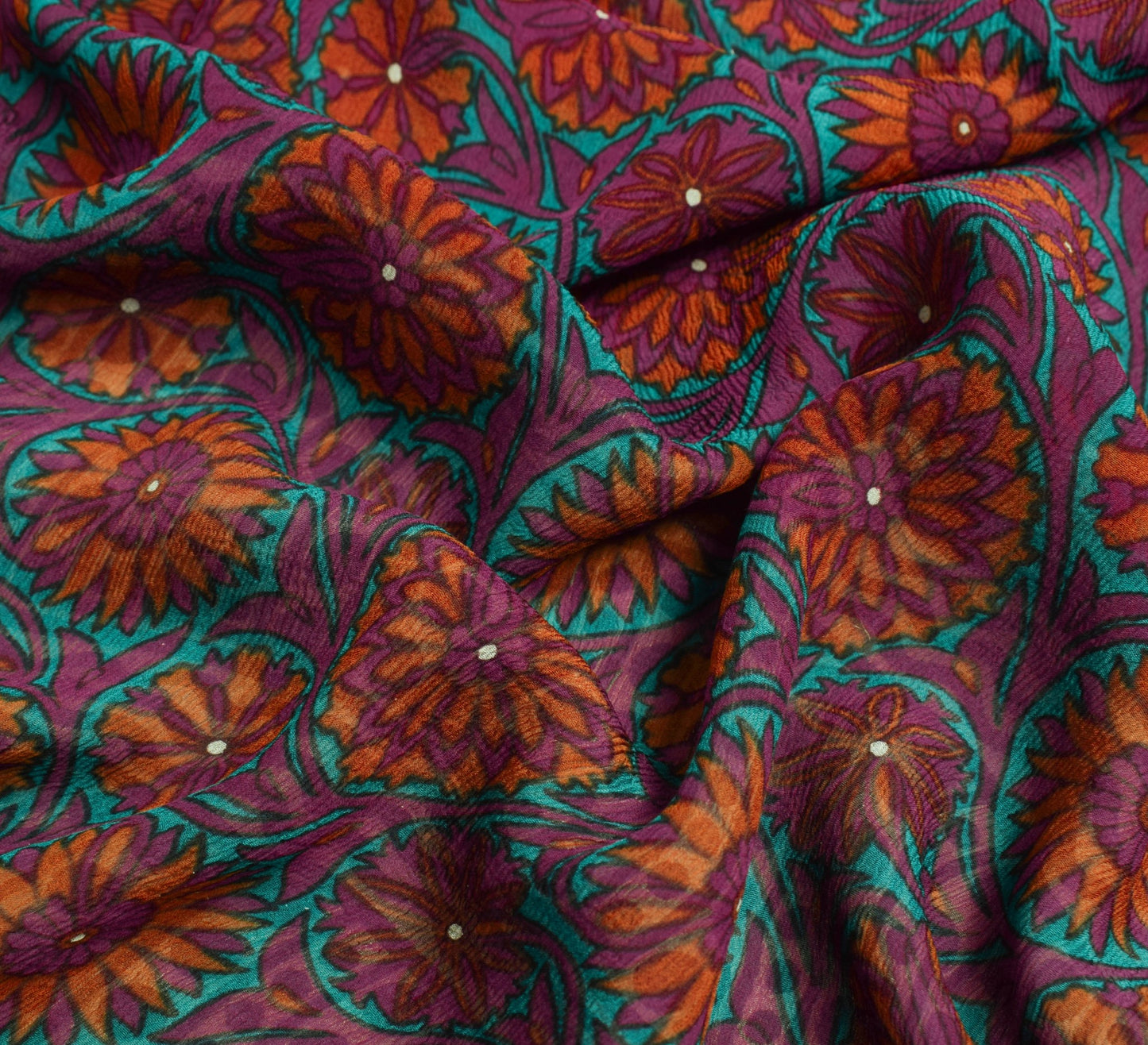 Sushila Vintage Saree Pure Chiffon Silk Printed Magenta Floral Soft Craft Fabric