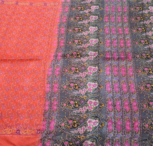 Sushila Vintage Red Saree 100% Pure Silk Paisley Printed Indian 5YD Craft Fabric