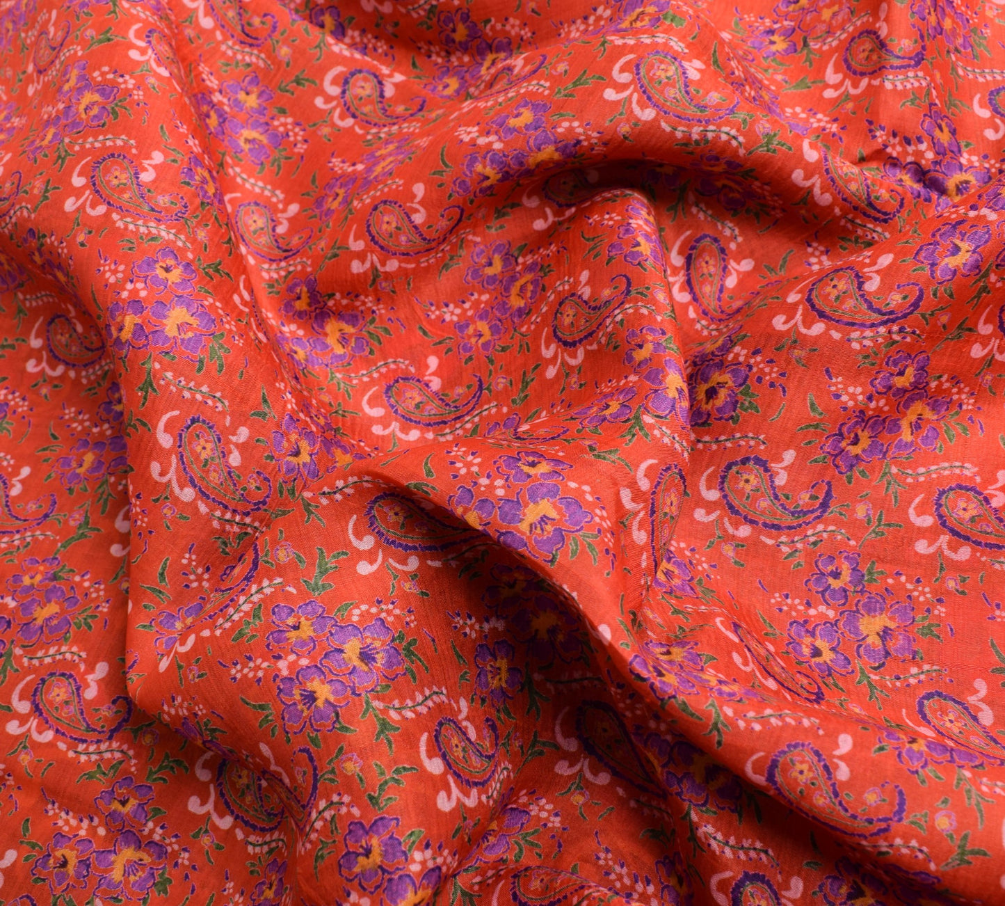 Sushila Vintage Red Saree 100% Pure Silk Paisley Printed Indian 5YD Craft Fabric