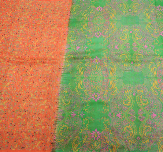 Sushila Vintage Orange Green Saree Pure Silk Printed Floral Soft Craft Fabric