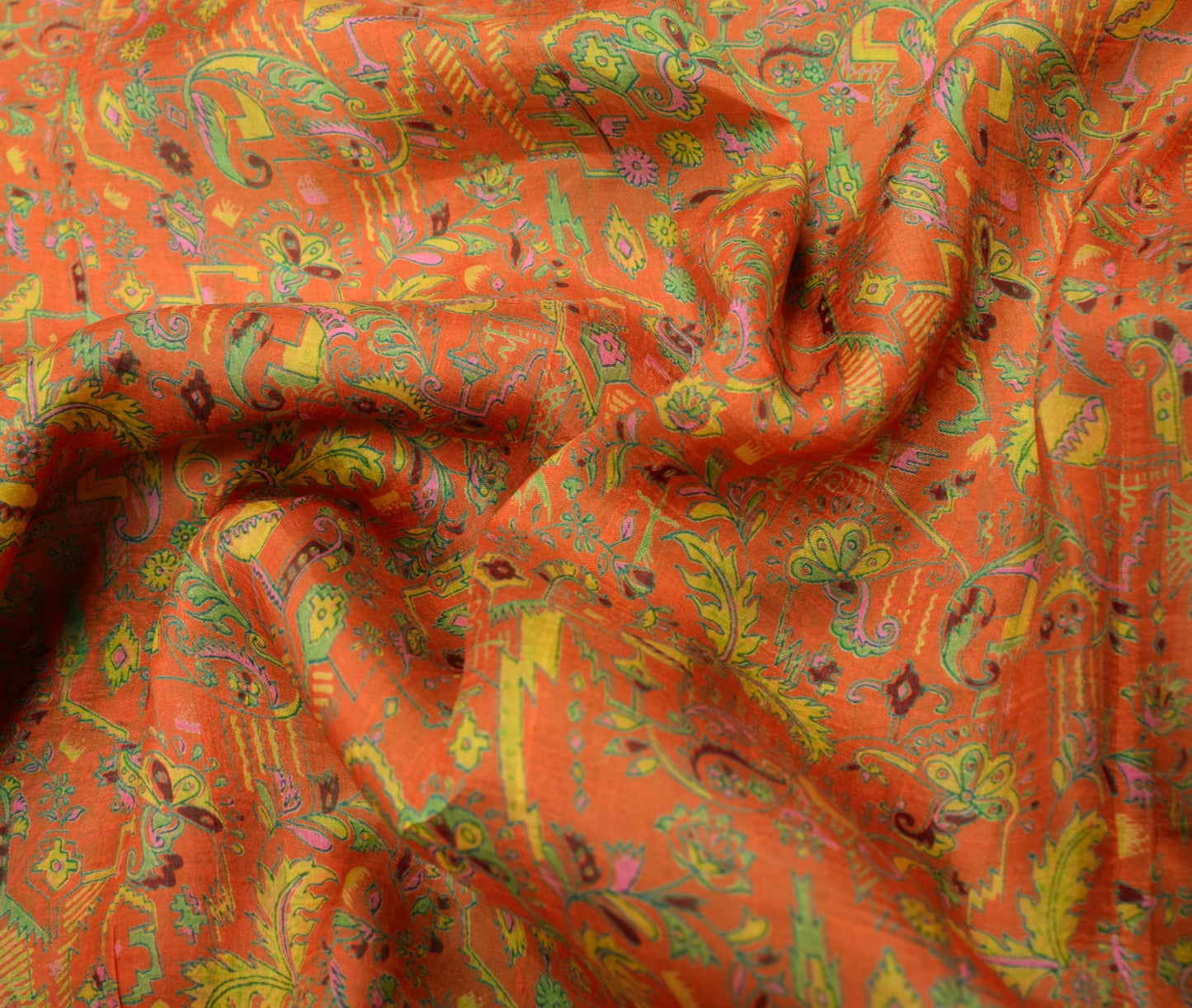 Sushila Vintage Orange Green Saree Pure Silk Printed Floral Soft Craft Fabric