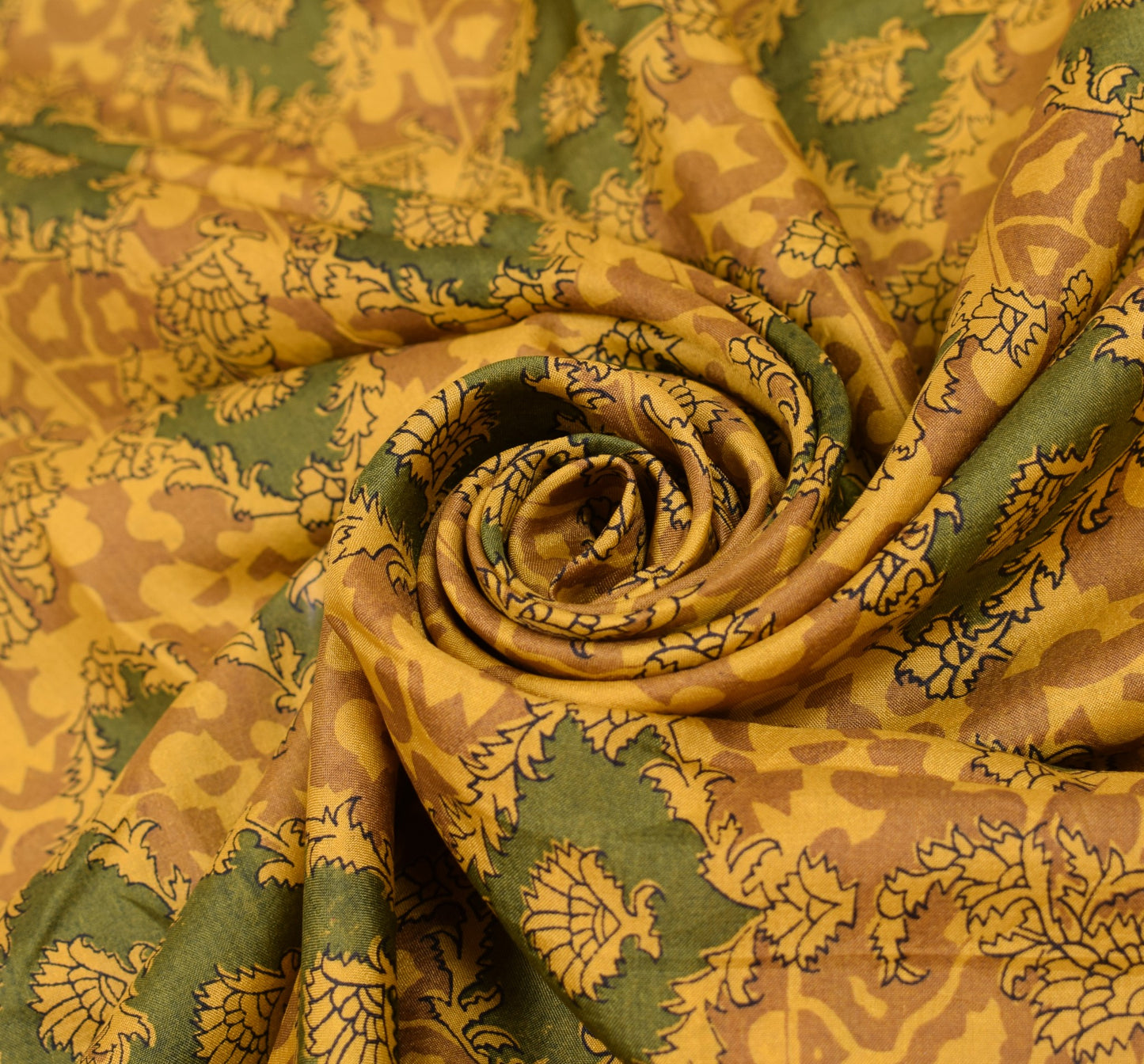 Sushila Vintage Mustard Saree Floral 100% Pure Silk Printed Soft Craft Fabric