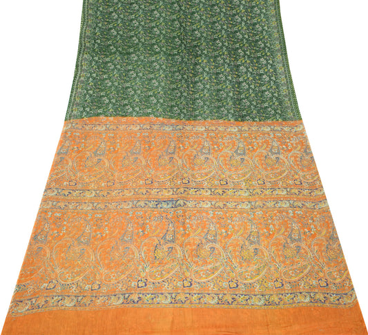 Sushila Vintage Floral Green Saree 100% Pure Silk Printed Soft 4 YD Craft Fabric