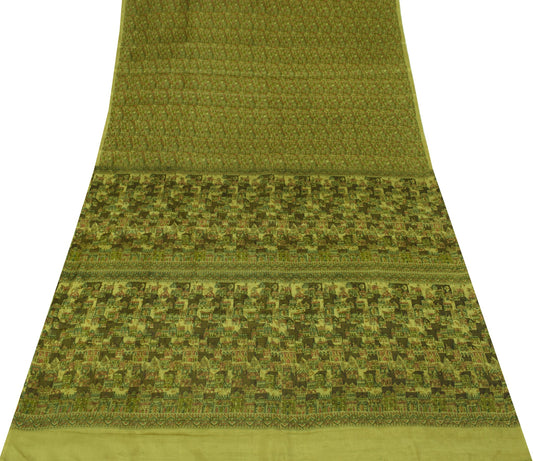 Sushila Vintage Green Saree Pure Silk Printed Antique 6YD Sari Soft Craft Fabric