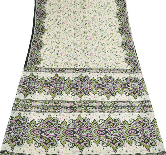 Sushila Vintage Off White Saree 100% Pure Silk Printed 5 Yard Soft Craft Fabric