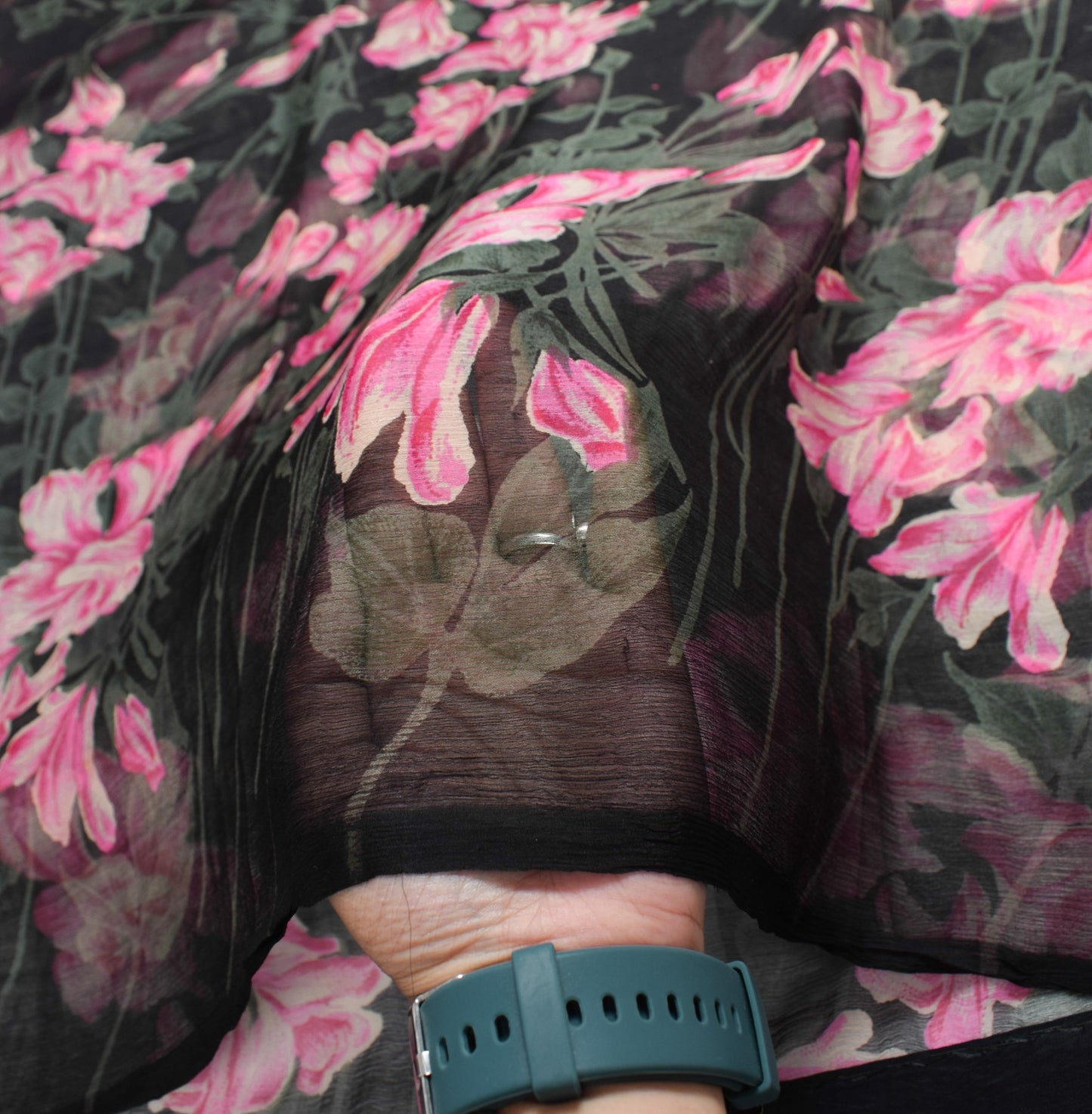 Sushila Vintage Floral Black Saree Pure Chiffon Silk Printed Soft Craft Fabric