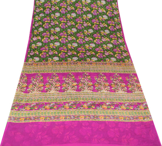 Sushila Vintage Green Magenta Saree Floral Pure Silk Printed Soft Craft Fabric