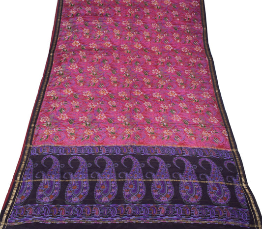 Sushila Vintage Maroon Saree 100%Pure Silk Printed Floral Soft Sari Craft Fabric