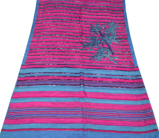 Sushila Vintage Magenta 6 Yard Saree Pure Silk Stripes Printed Soft Craft Fabric