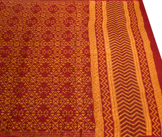 Sushila Vintage Maroon Mustard Saree Pure Silk Printed Geomatical Craft Fabric
