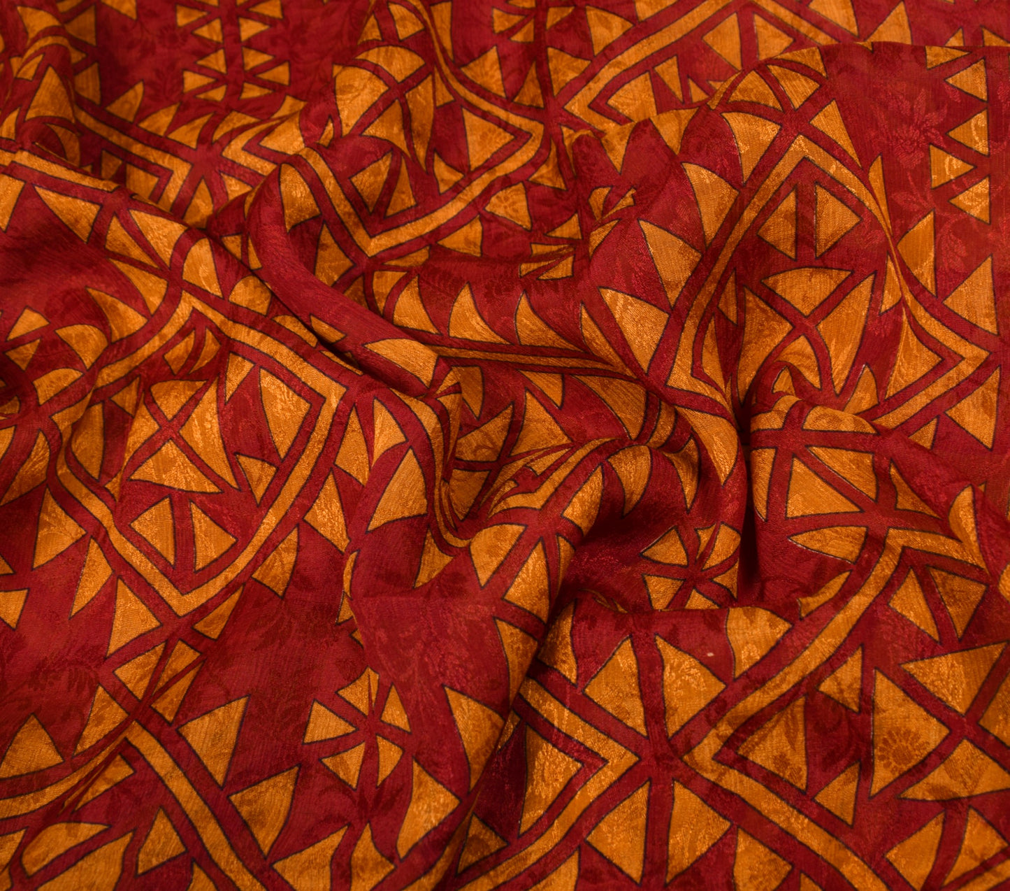 Sushila Vintage Maroon Mustard Saree Pure Silk Printed Geomatical Craft Fabric