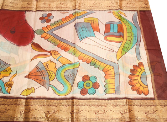 Sushila Vintage Antique Saree Pure Silk Printed with Woven Border Sari Fabric
