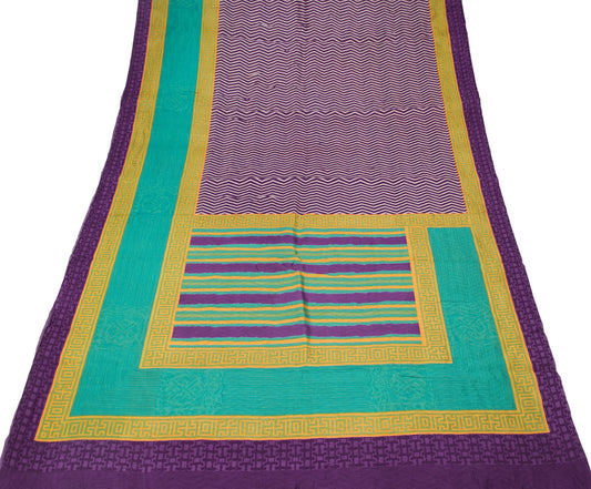 Sushila Vintage Dark Purple Saree Pure Silk Printed Zig-Zag Soft Craft Fabric