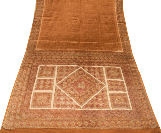 Sushila Vintage Brown Saree 100% Pure Chinnon Silk Printed 6Yd Soft Craft Fabric