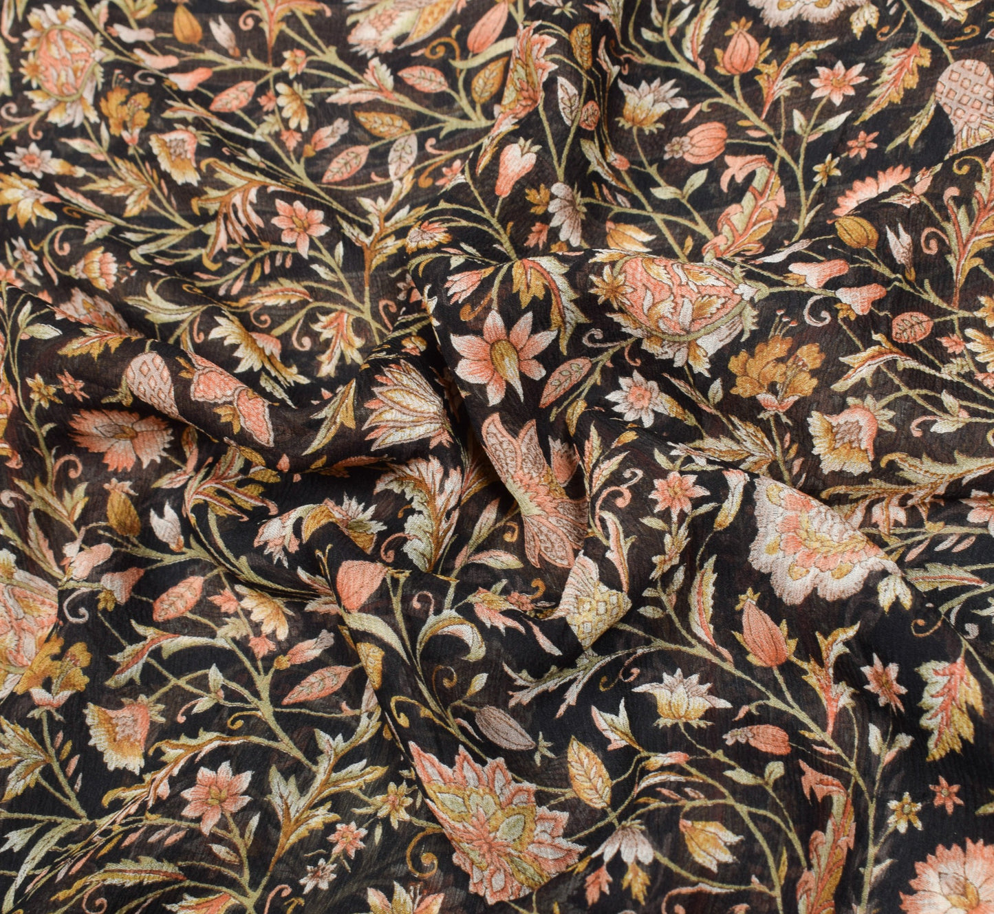 Sushila Vintage Floral Black Saree Pure Chiffon Silk Printed Soft Craft Fabric