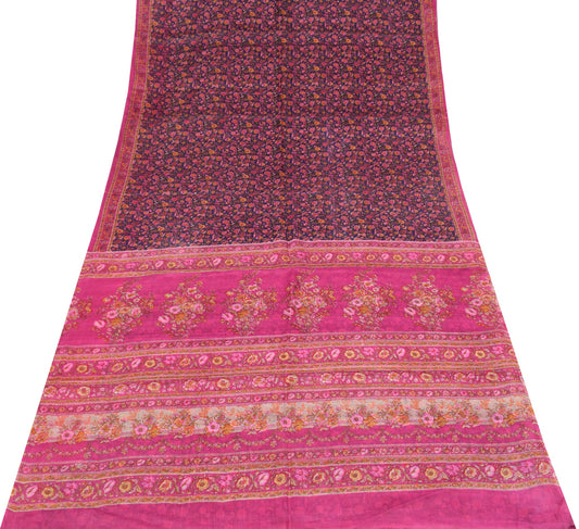 Sushila Vintage Hand Block Printed Saree 100% Pure Silk Floral Blue Craft Fabric