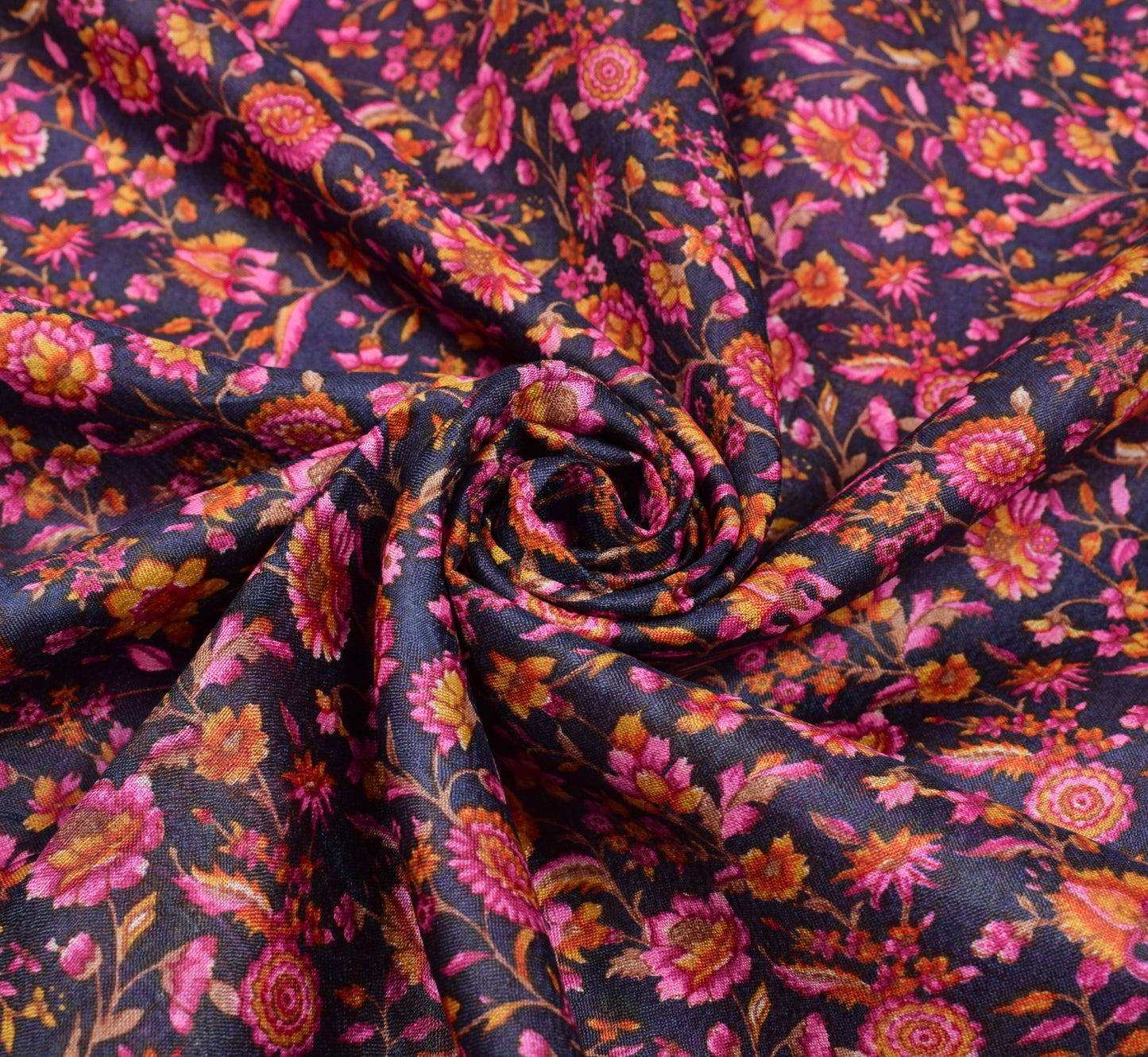 Sushila Vintage Hand Block Printed Saree 100% Pure Silk Floral Blue Craft Fabric