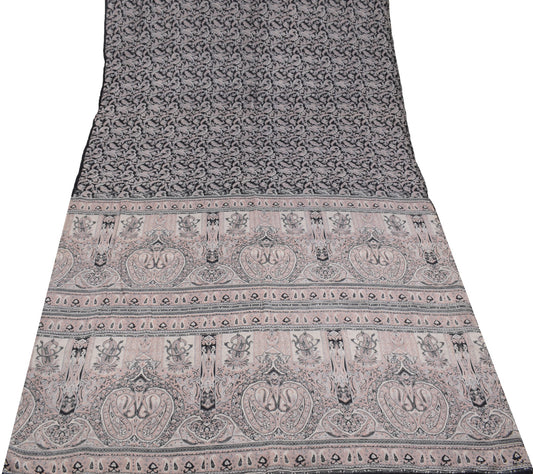 Sushila Vintage Paisley Printed Saree 100%Pure Silk Black Sari Soft Craft Fabric