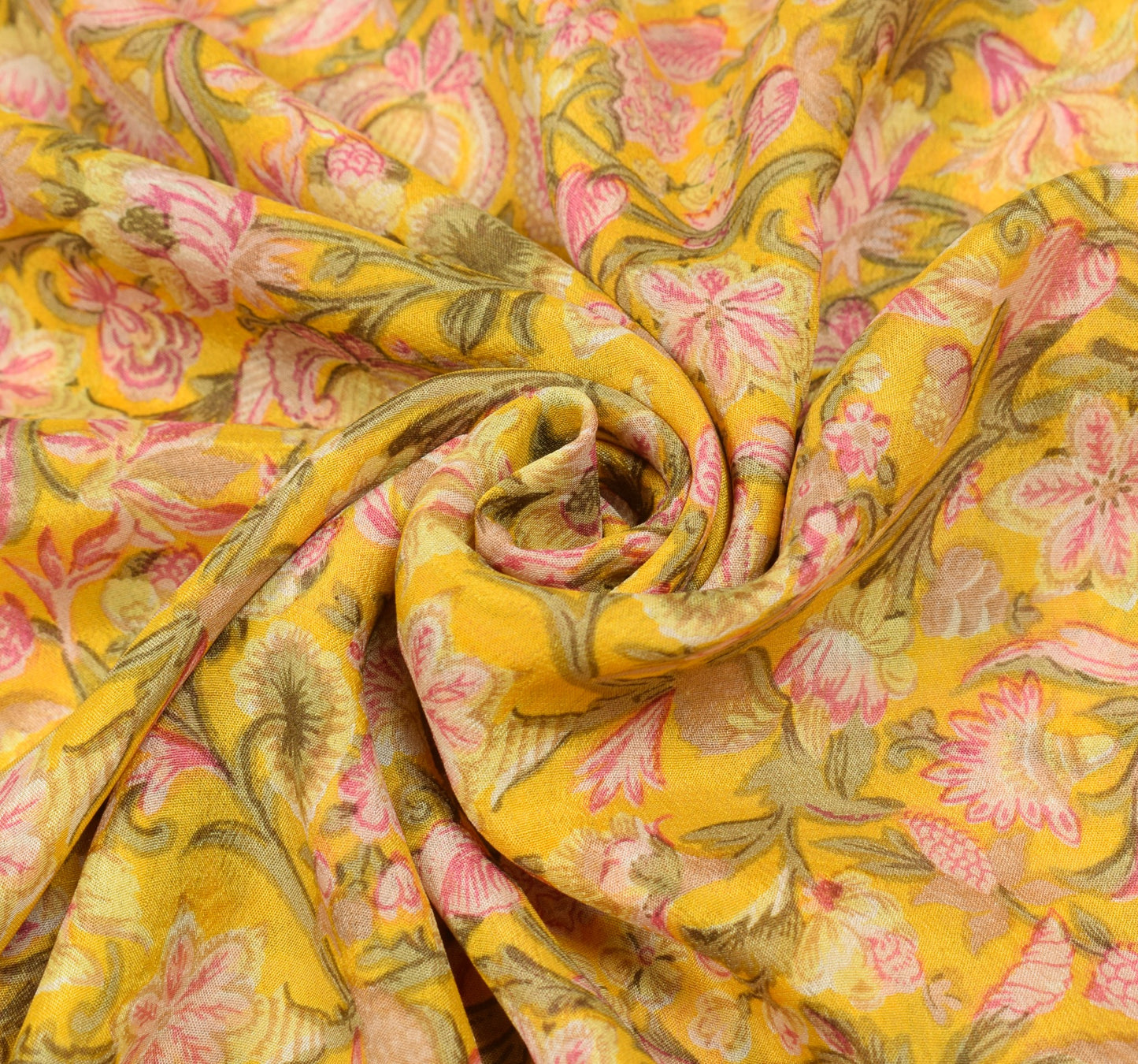 Sushila Vintage Floral Yellow Saree 6YD Pure Silk Printed Sari Soft Craft Fabric
