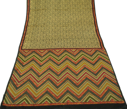 Sushila Vintage Hand Block Printed Saree 100% Pure Silk Cream Soft Craft Fabric