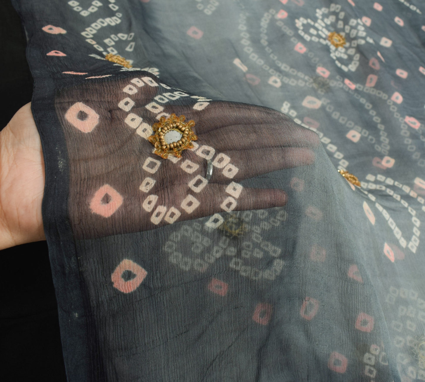 Sushila Vintage Gray Saree Pure Chiffon Silk Bandhani Printed Soft Craft Fabric