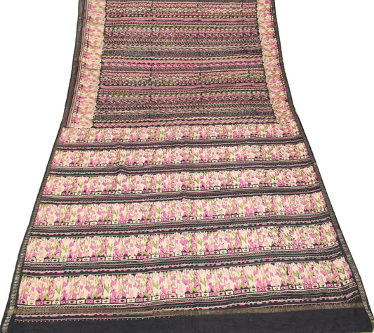 Sushila Vintage Black Abstract Saree Pure Silk Printed Soft 6 Yard Craft Fabric