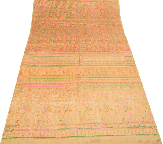 Sushila Vintage Cream Saree Paisley Printed 100%Pure Silk Soft Sari Craft Fabric