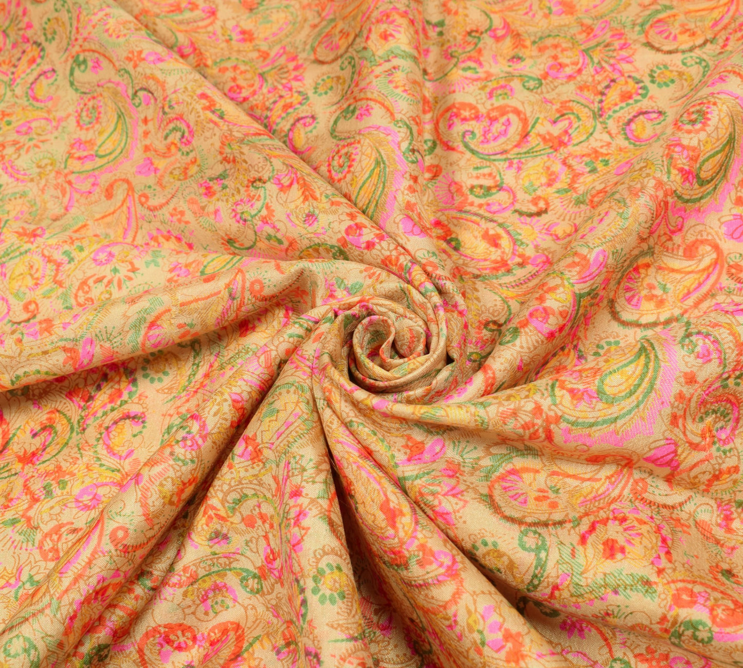 Sushila Vintage Cream Saree Paisley Printed 100%Pure Silk Soft Sari Craft Fabric