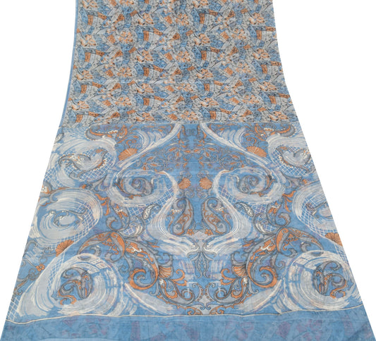 Sushila Vintage Steel Blue & Gray Saree 100% Pure Silk Printed Sari Craft Fabric